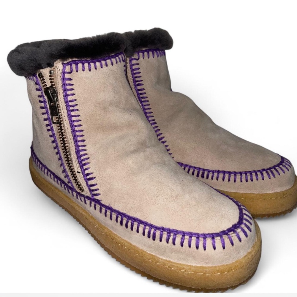 Laidback London Suede Ankle Boots with Purple Stitching